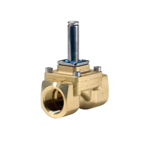 Danfoss Magnetventil in Bronze mit vertikalem Betätigungshebel und einem Anschlussgewinde zur Steuerung von Flüssigkeitsströmen.